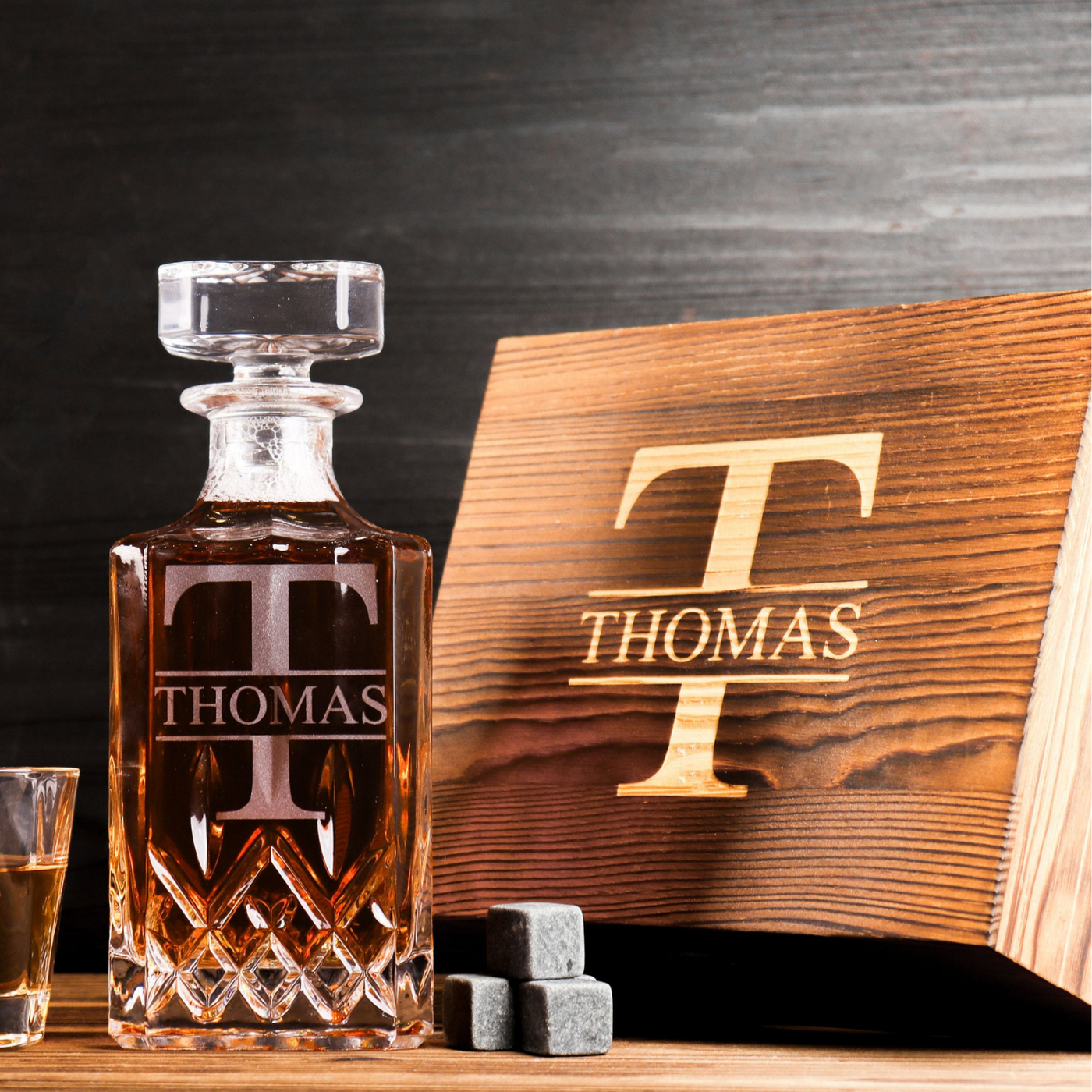 Personalized Whiskey Decanter Set with Wood Box - Engraved Groomsmen, Best Man, and Dad Gift